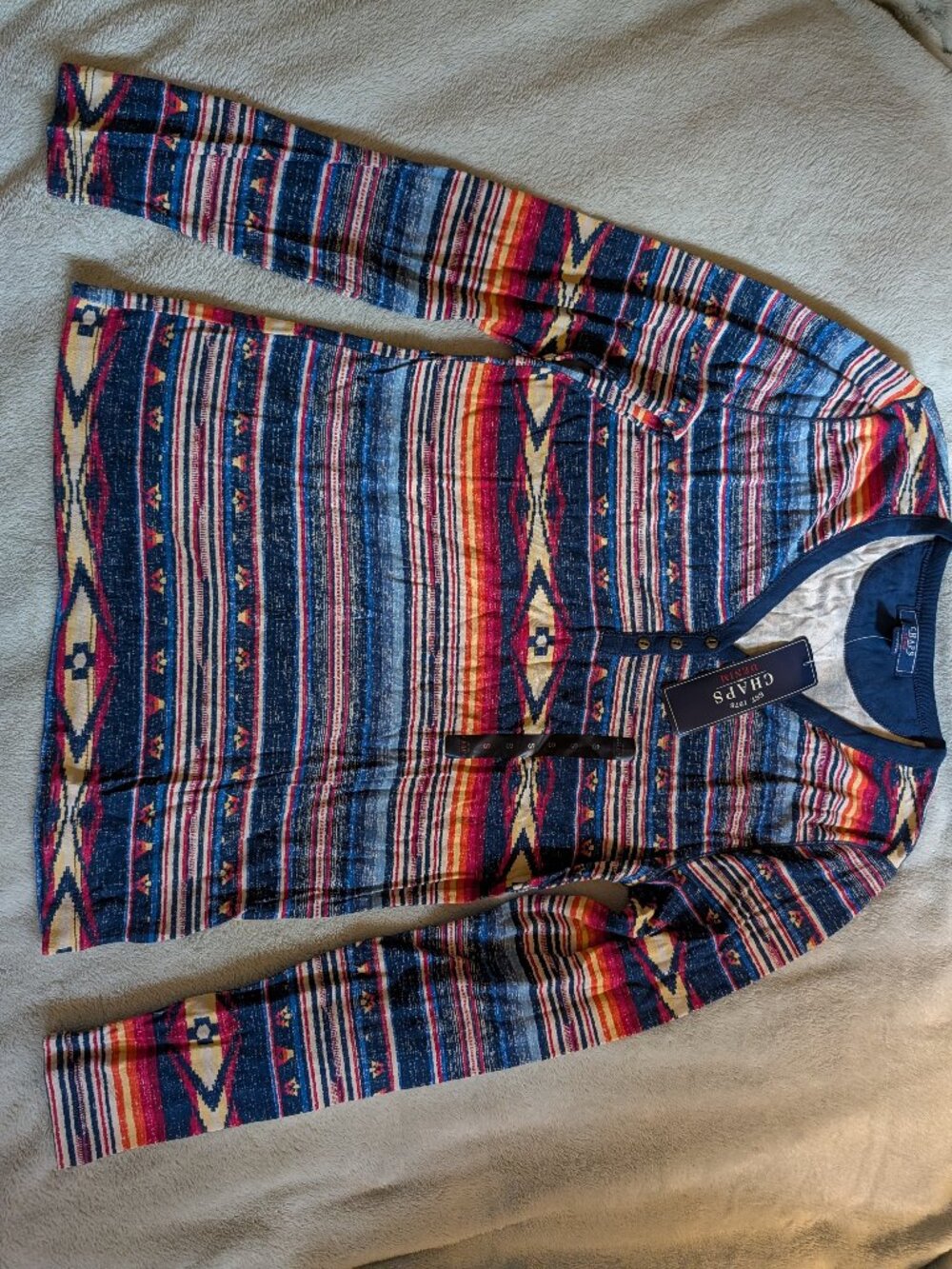 WOMEN'S CHAPS NEW TOP S Small T Tee Long Sleeve Stripes Blue Red Pattern